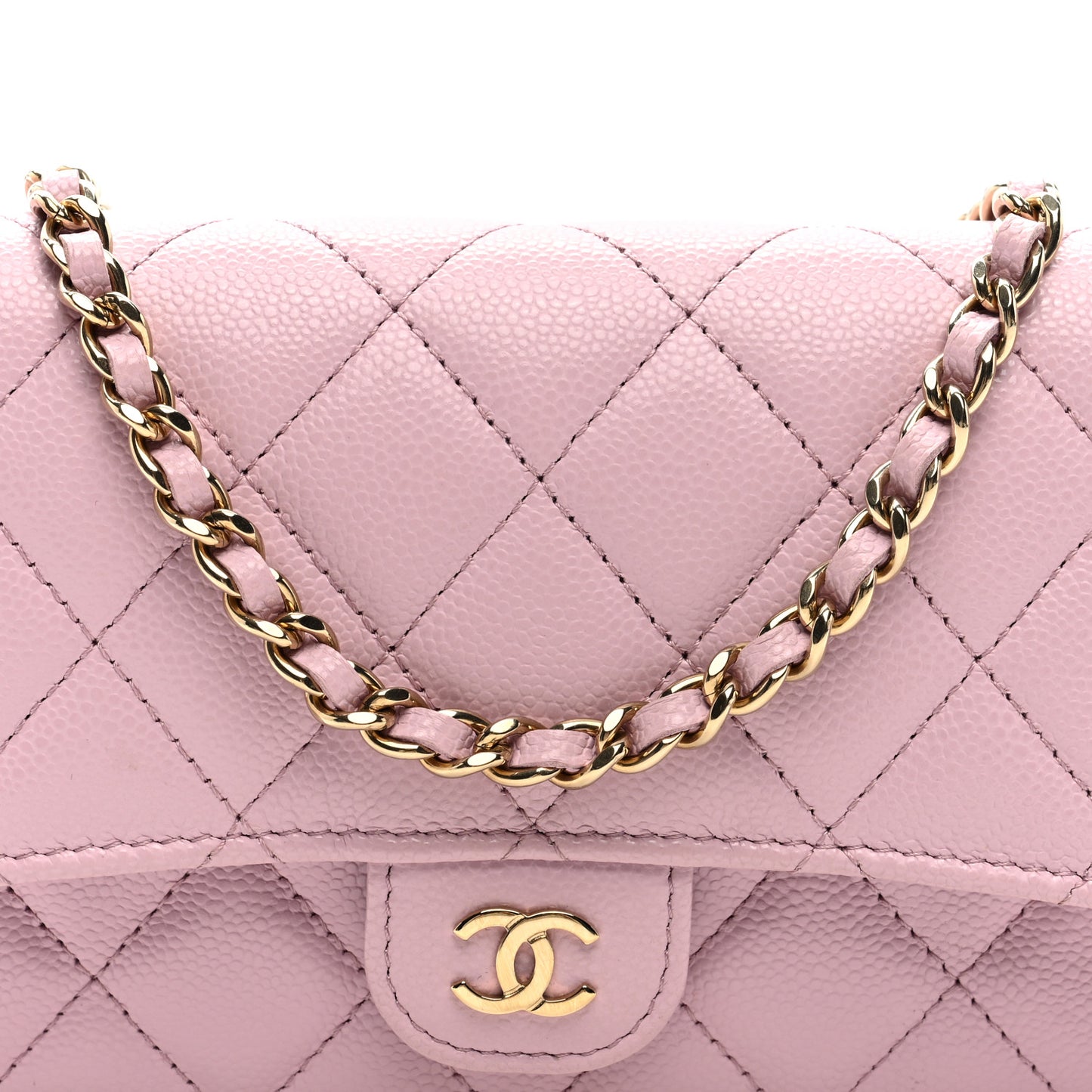 Caviar Quilted Flap Clutch with Chain Pink