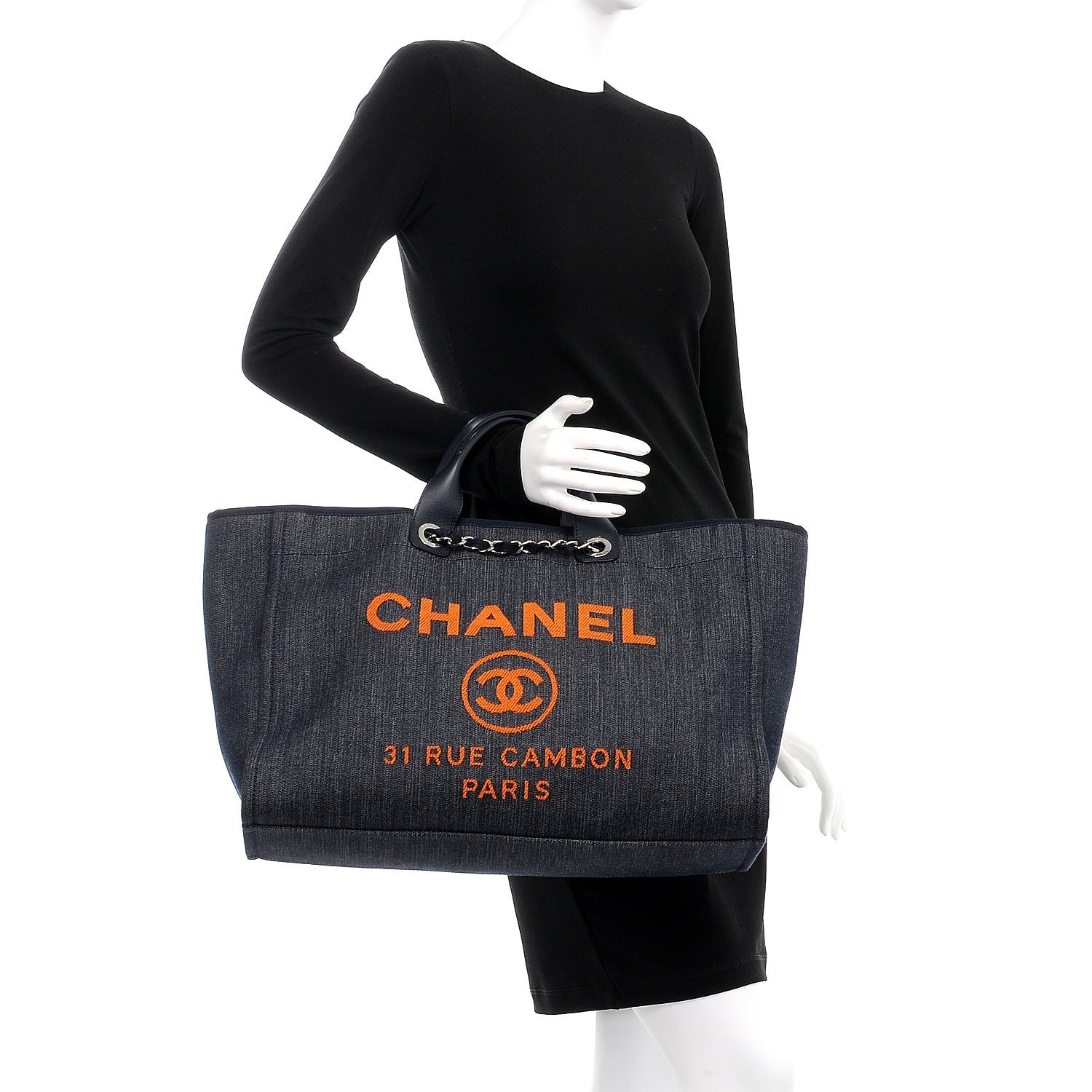 Chanel Denim Large Deauville Tote Blue Orange 3 of 11