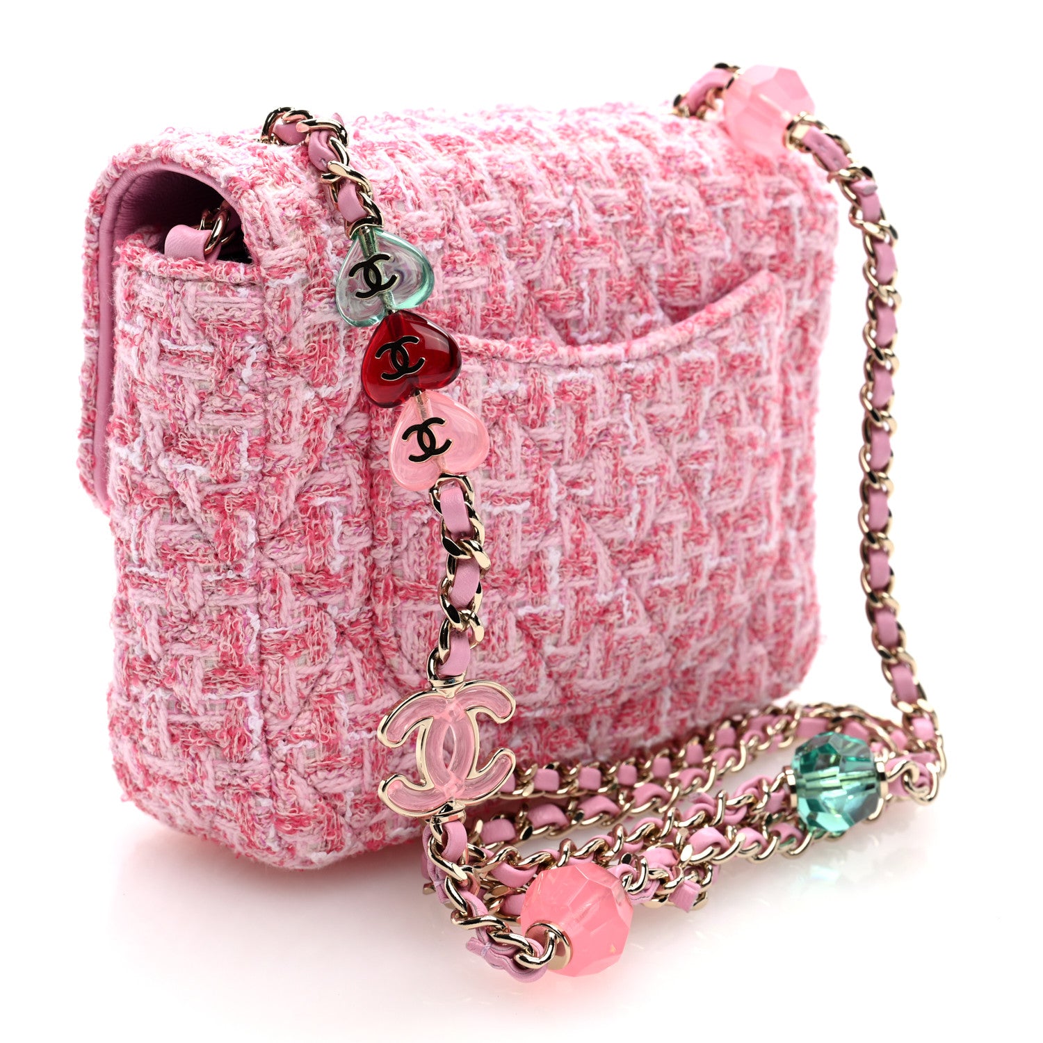 Chanel Tweed Resin Quilted Mini Heart Square Flap Pink White 3 of 10