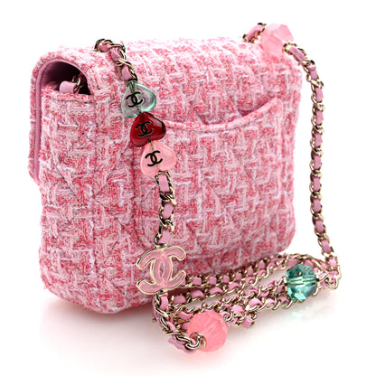 Chanel Tweed Resin Quilted Mini Heart Square Flap Pink White 3 of 10