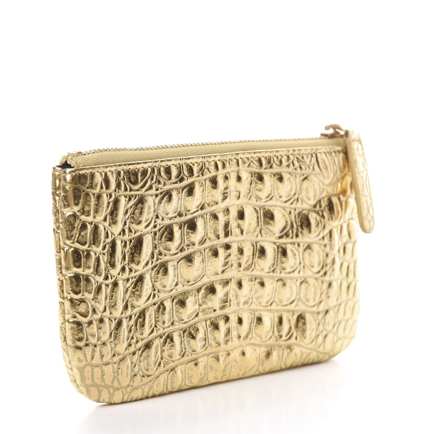 Chanel Metallic Calfskin Crocodile Embossed Cocodile Cosmetic Case Gold 3 of 8