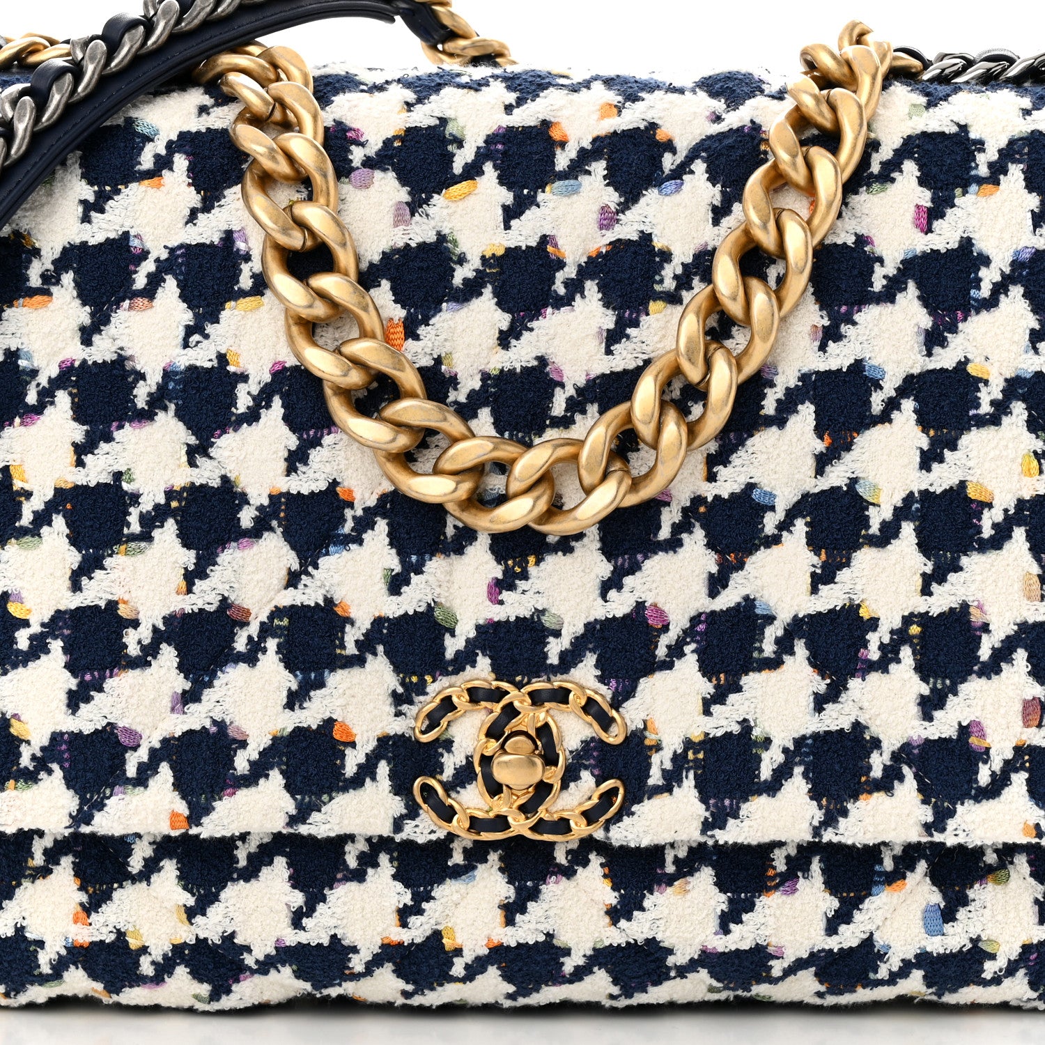 Chanel Tweed Quilted Maxi Chanel 19 Flap Ecru Navy Blue Multicolor 8 of 11