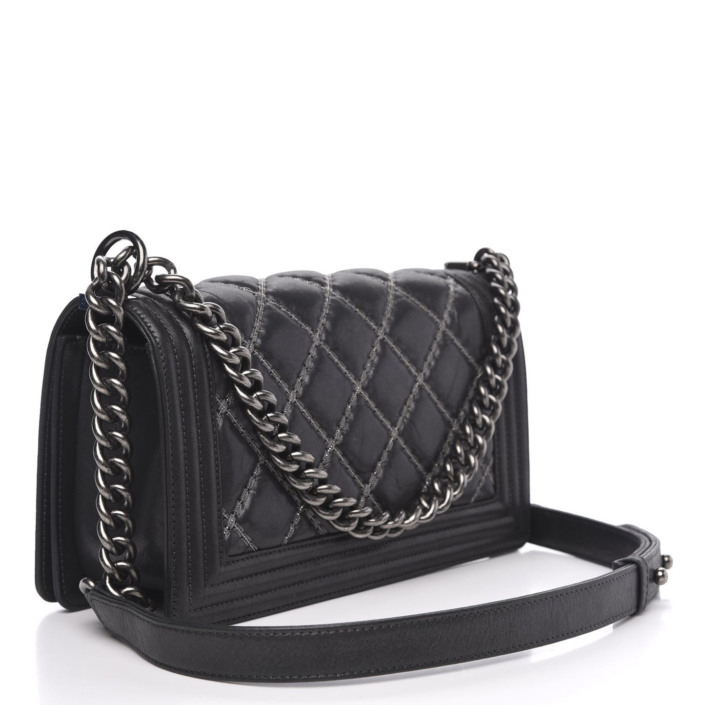Iridescent Calfskin Embellished Double Stitch Medium Boy Flap Black