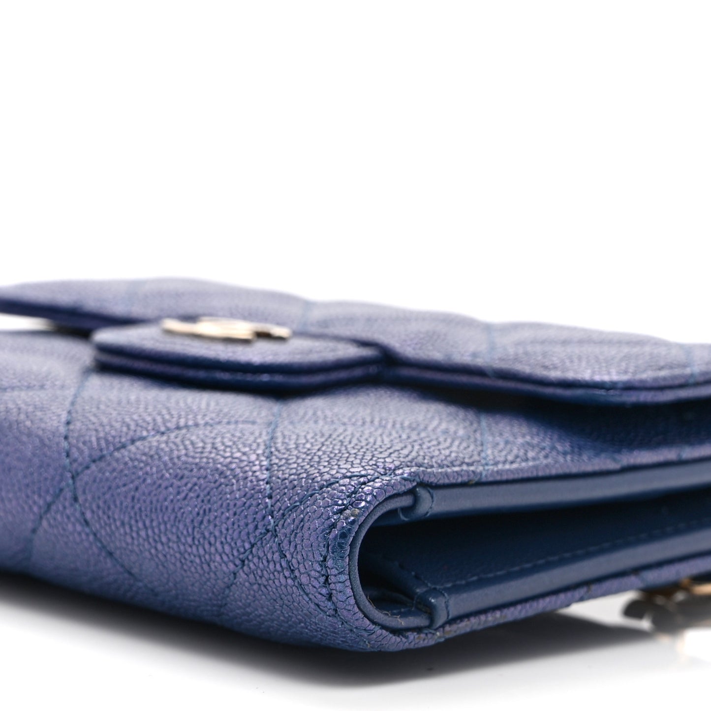 Iridescent Caviar Flap Quilted Card Holder Wallet Dark Blue