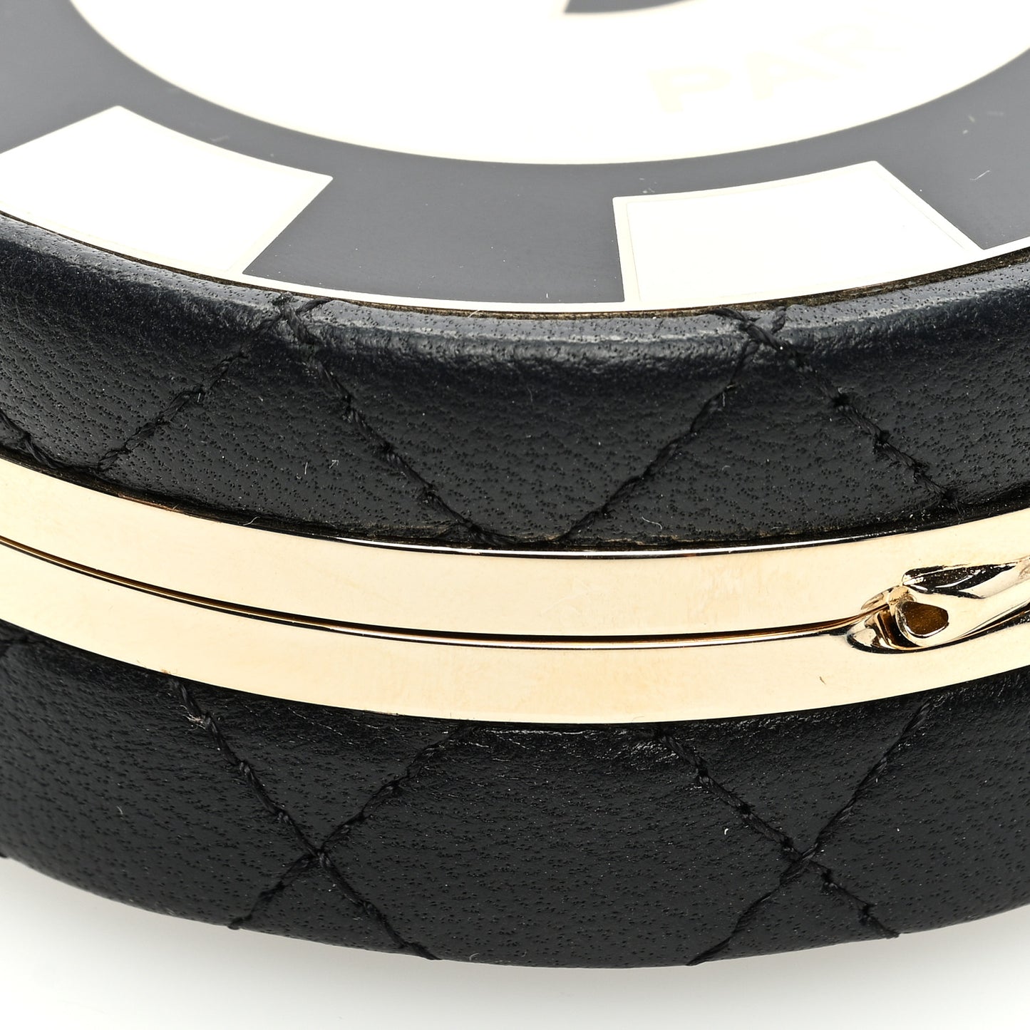 Lambskin Enamel Quilted Round Poker Chip Clutch With Chain Black White