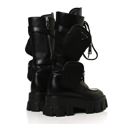 Prada Vitello Lux Nylon Metal Triangle Logo Monolith Pouch Pocket 55mm Tall Combat Boots 36 Black 4 of 12