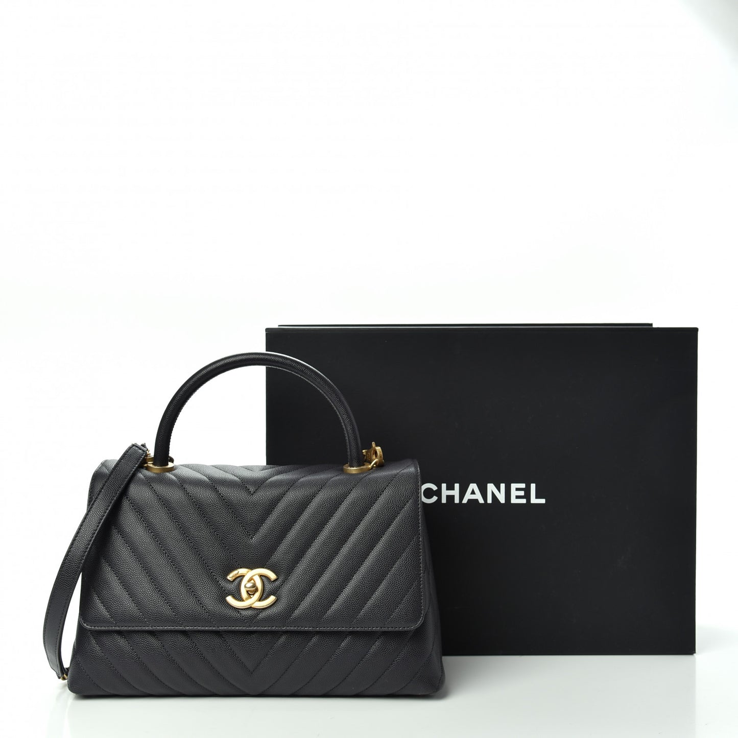 Caviar Chevron Quilted Small Coco Handle Flap Dark Grey