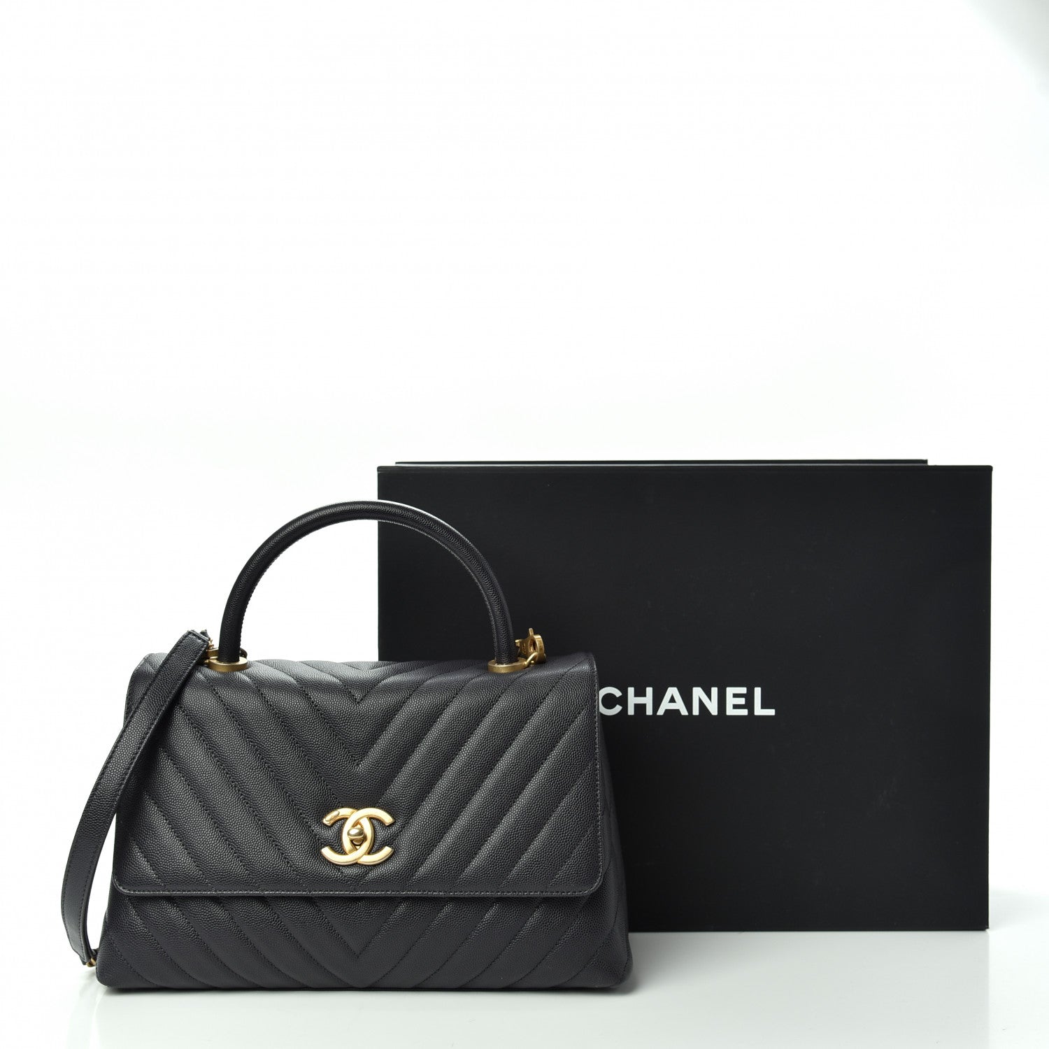 Chanel Caviar Chevron Quilted Small Coco Handle Flap Dark Grey 10 of 10