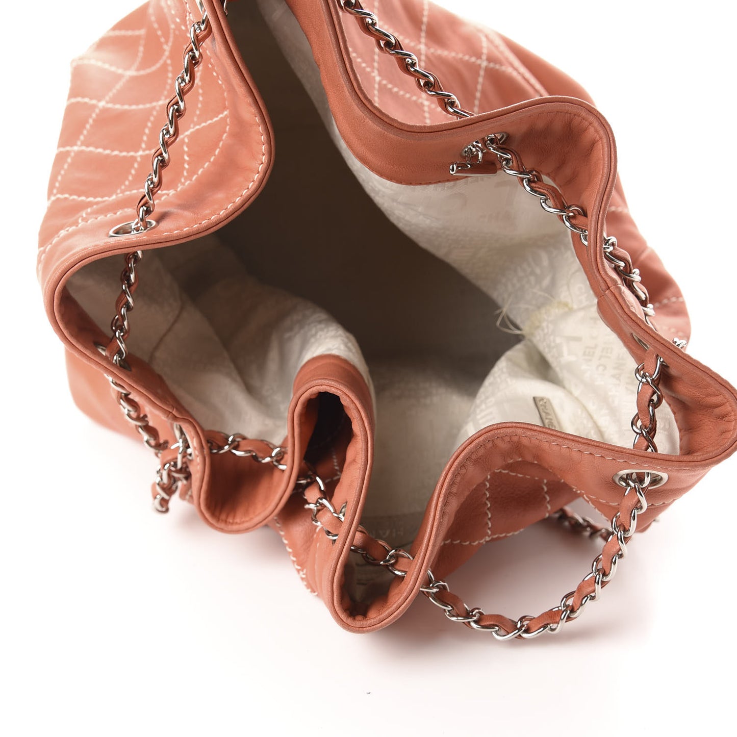 Lambskin Contrast Stitch Large Drawstring Tote Coral