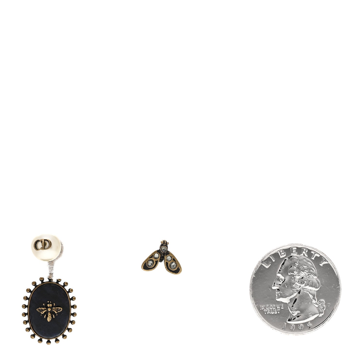 Christian Dior Pearl Crystal Bee Oval Earrings Aged Gold 2 of 4
