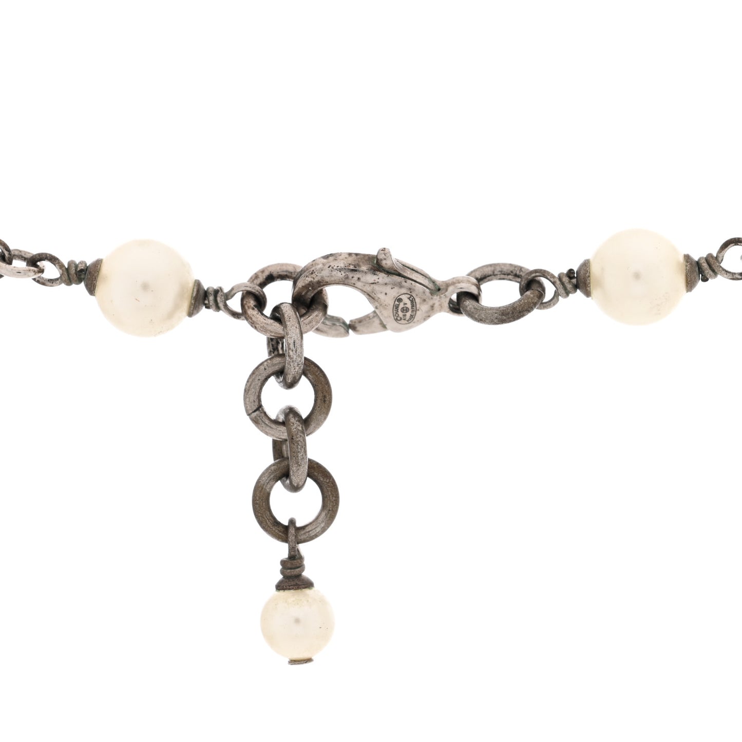 Graduated Pearl Crystal CC Long Necklace Silver