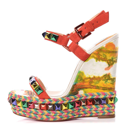 Christian Louboutin Lambskin Suede Cubana Cataclou 140 Wedge Sandals 35 Poppy 1 of 12