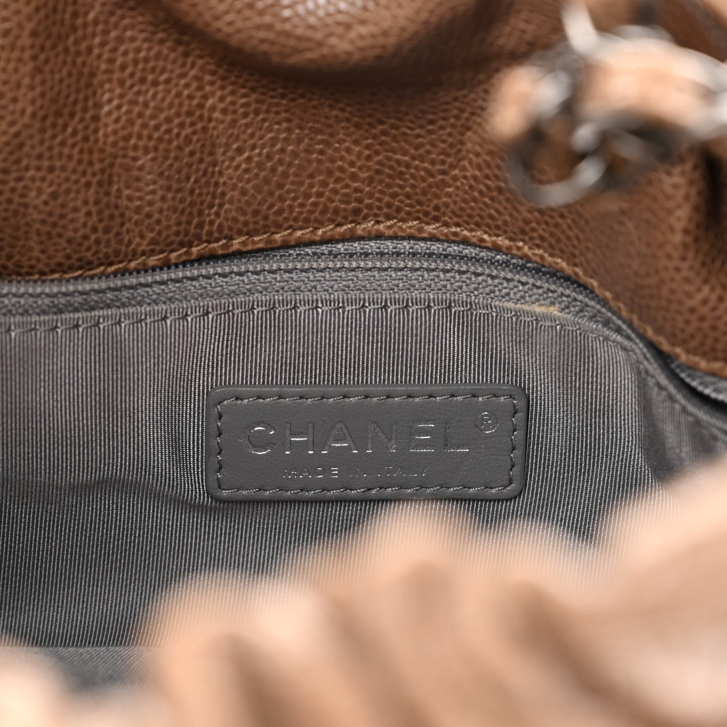 Distressed Glazed Caviar Quilted Large Elastic Tote Brown