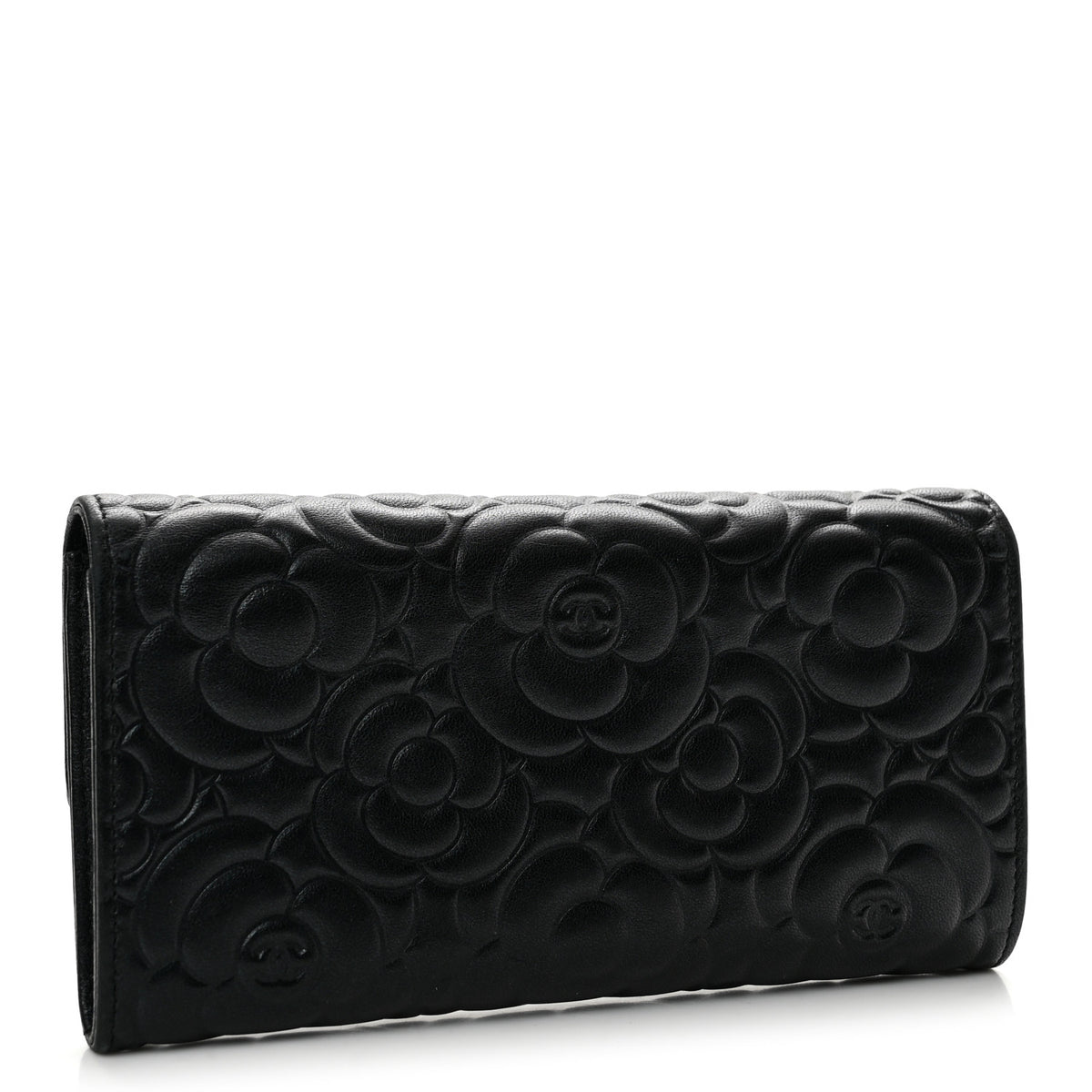 Lambskin Embossed Camellia Large Gusset Flap Wallet Black