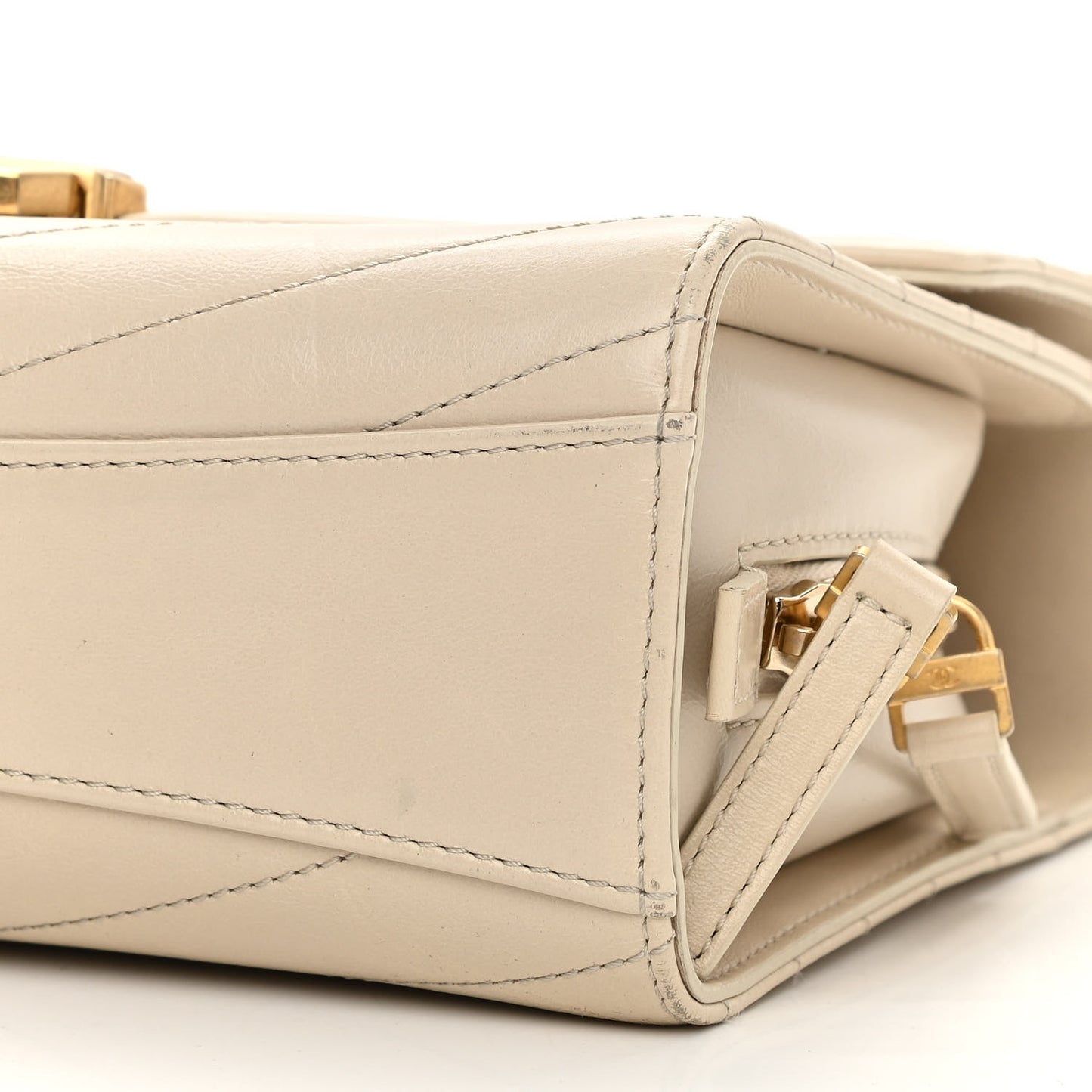 Calfskin Chevron Quilted Medal Flap Beige
