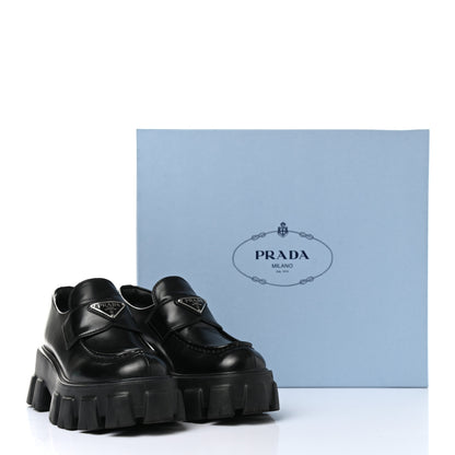 Prada Spazzolato Rois Metal Triangle Logo Monolith 55mm Loafers 37 Black 11 of 11