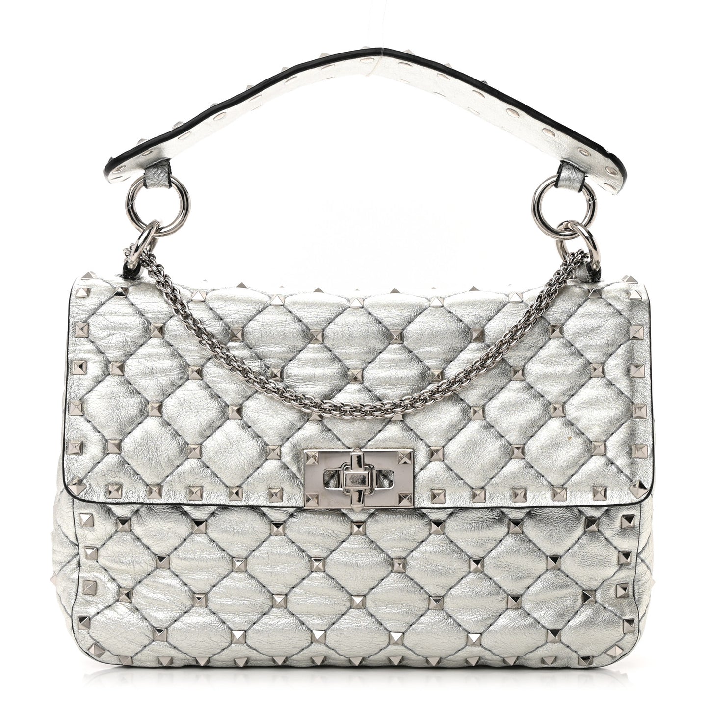 Metallic Nappa Medium Rockstud Spike Shoulder Bag Silver
