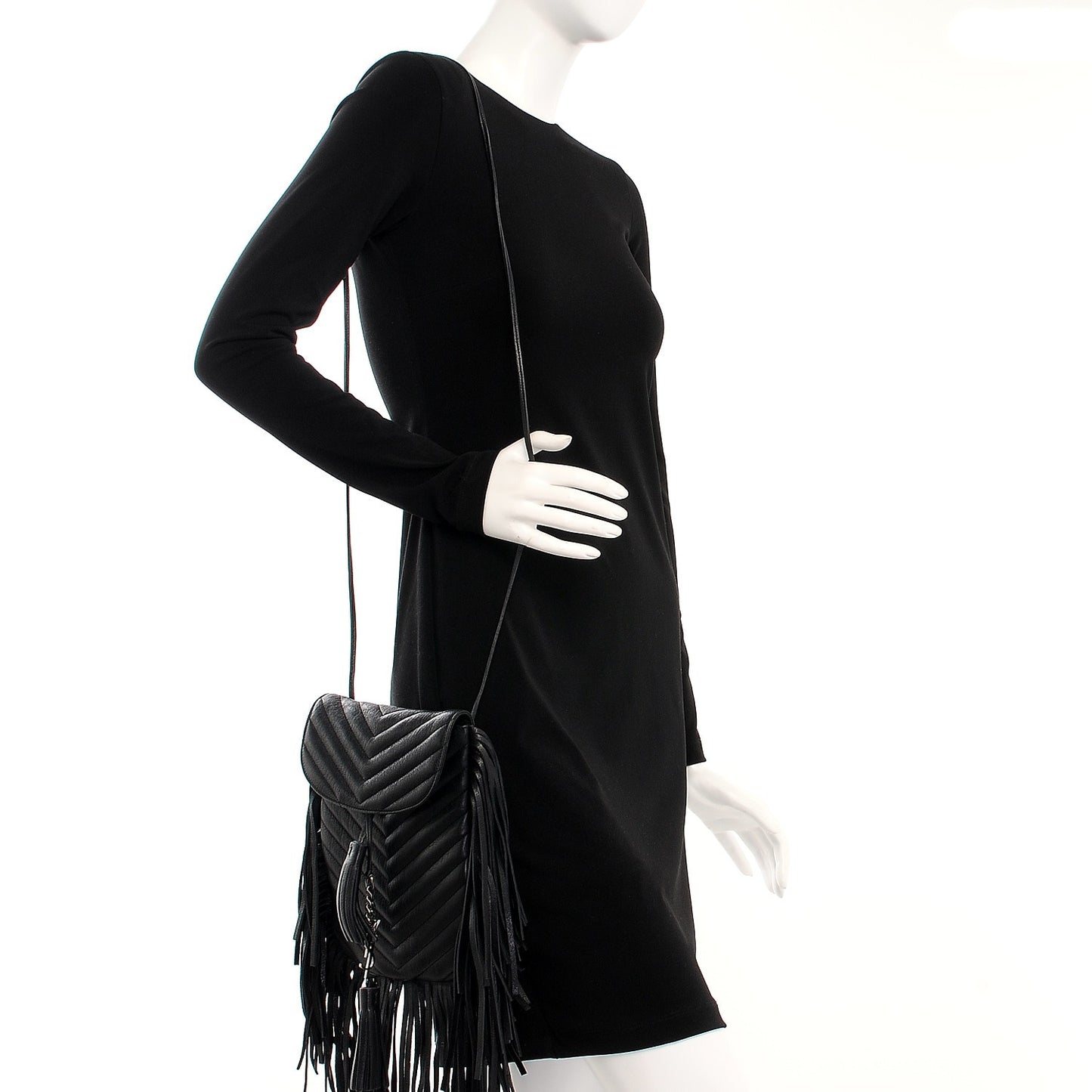 Sheepskin Matelasse Chevron Fringe Small Monogram Anita Crossbody Bag Black