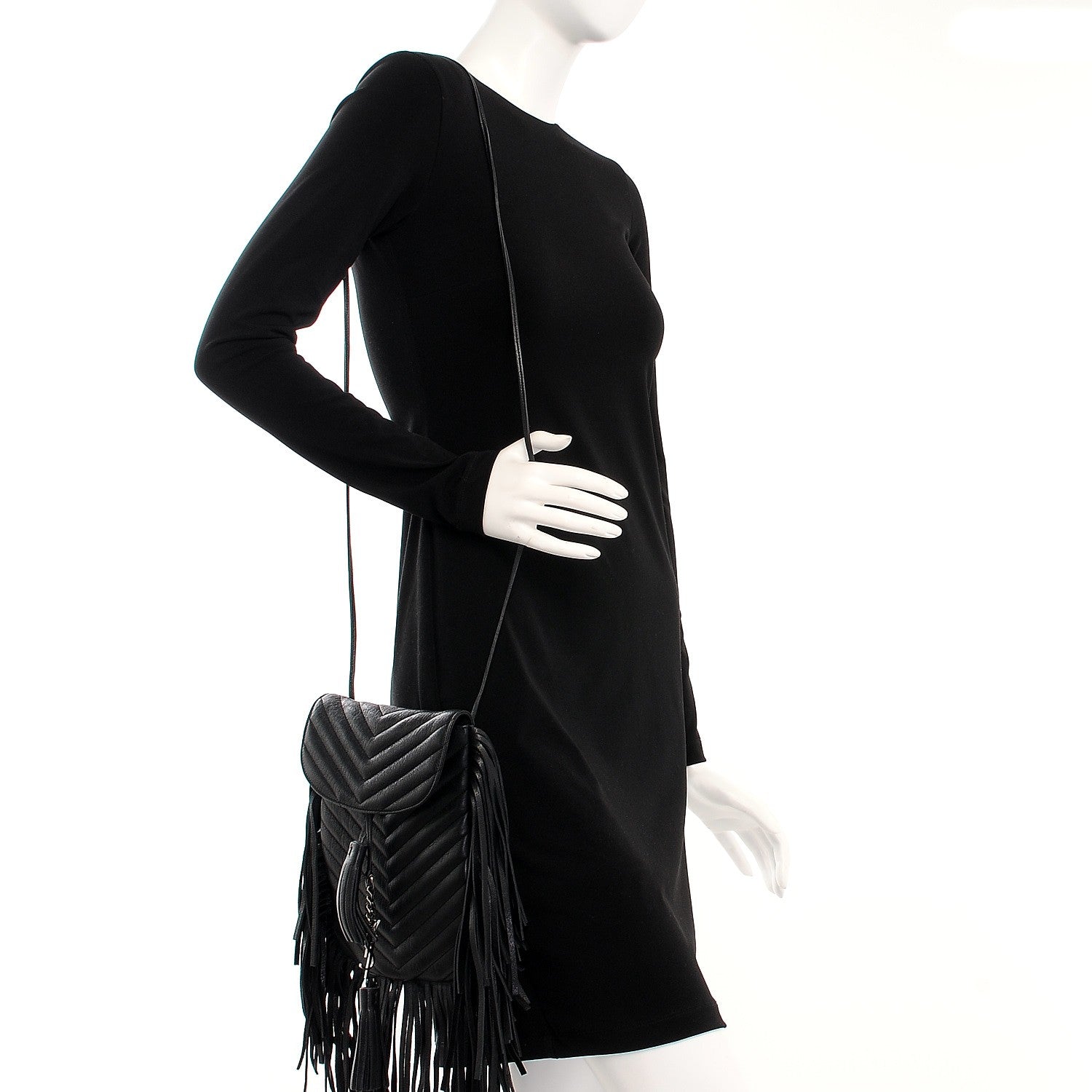 Saint Laurent Sheepskin Matelasse Chevron Fringe Small Monogram Anita Crossbody Bag Black 2 of 7