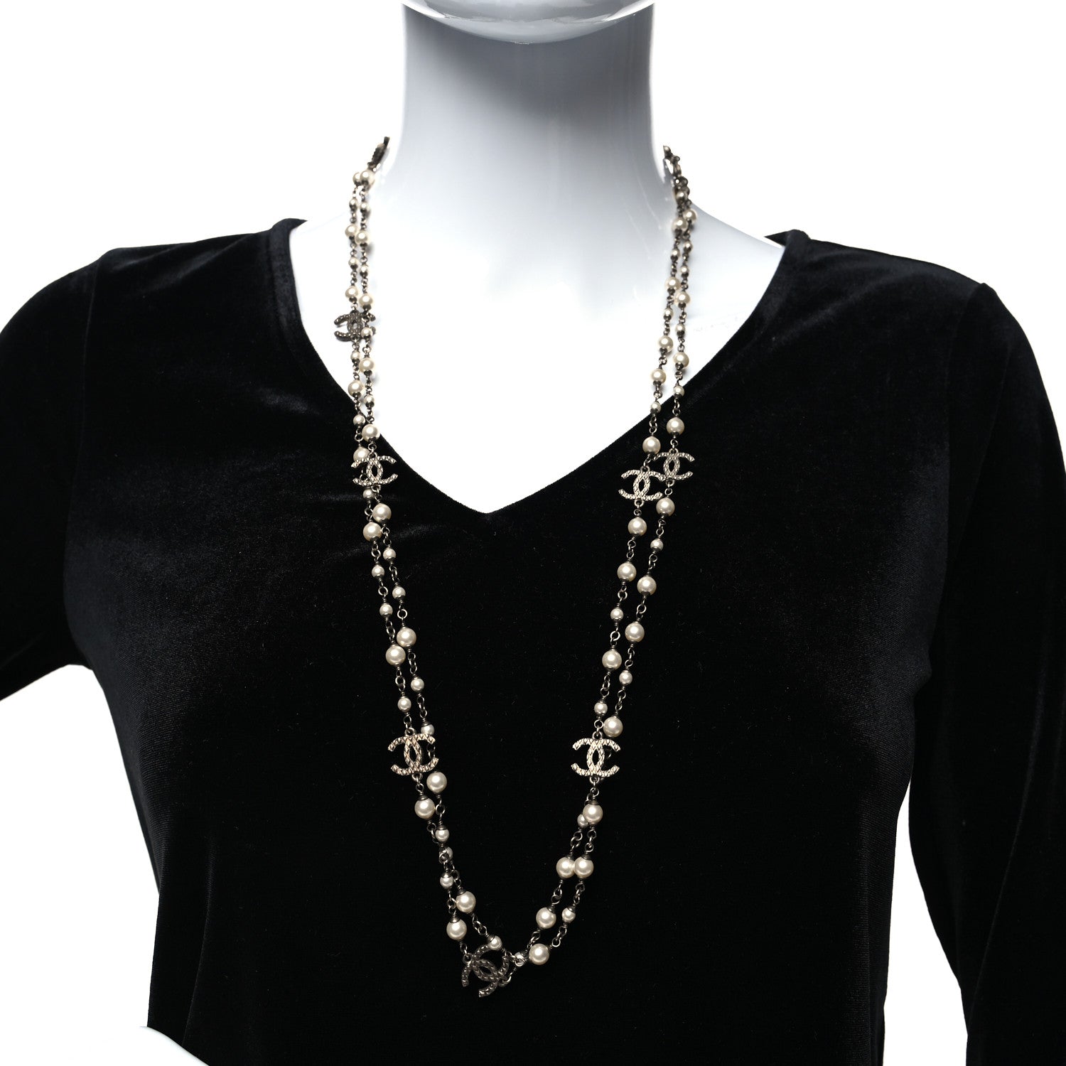 Chanel Pearl Metal Quilted CC Long Necklace Gold 2 of 5