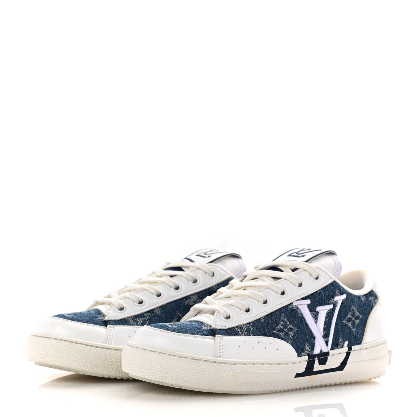 Calfskin Monogram Denim Womens Charlie Sneakers 36 White Blue