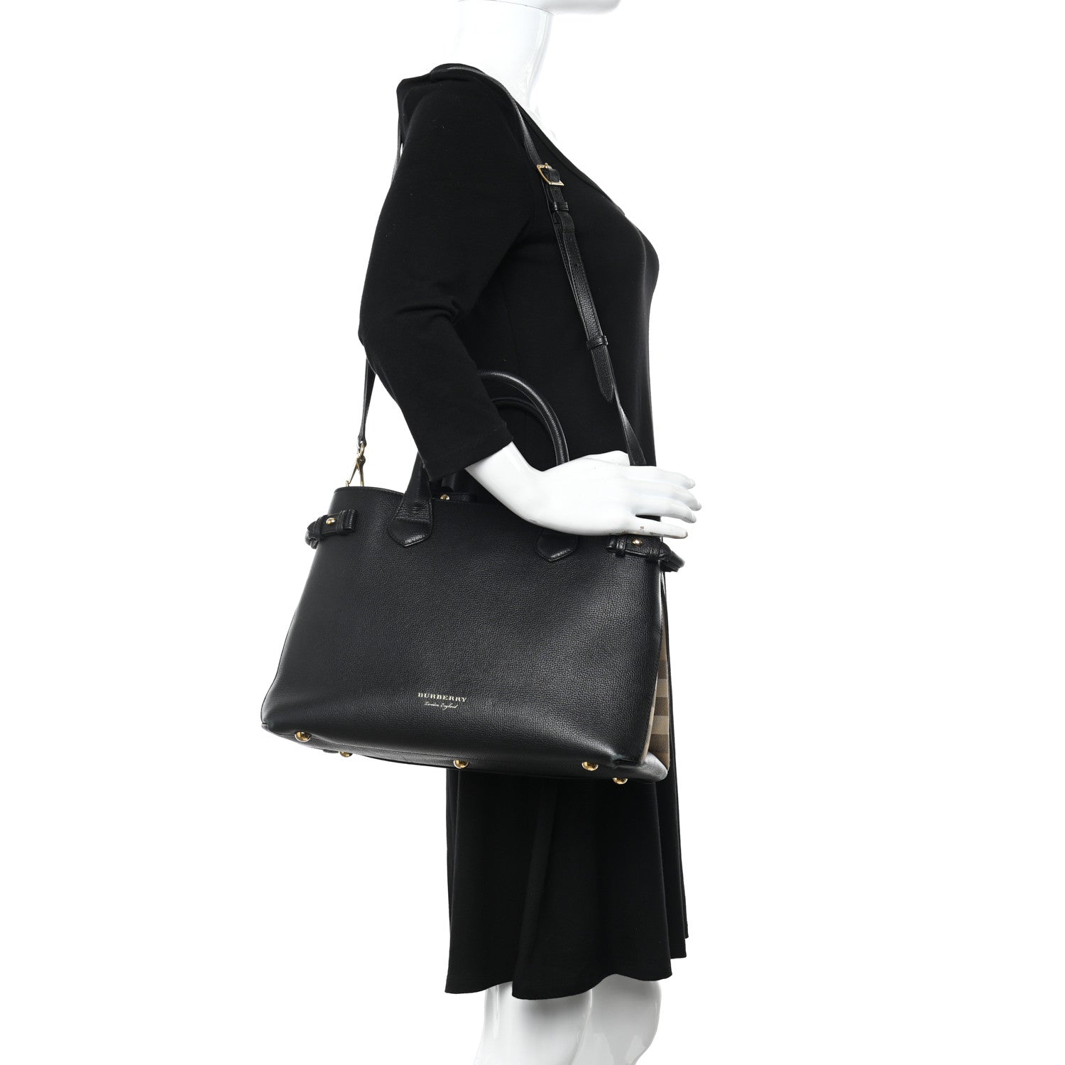 Burberry Derby Calfskin House Check Medium Banner Tote Black 2 of 15