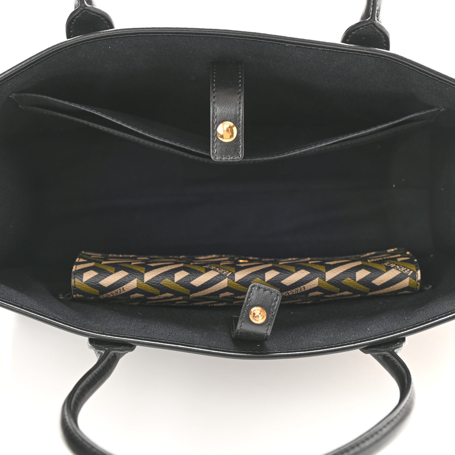 Versace Coated Canvas Calfskin La Greca Signature Tote Bag Black Khaki 5 of 10