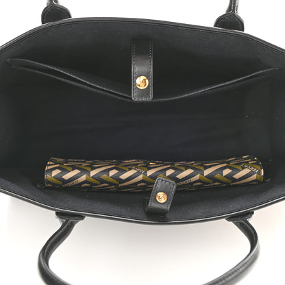 Versace Coated Canvas Calfskin La Greca Signature Tote Bag Black Khaki 5 of 10
