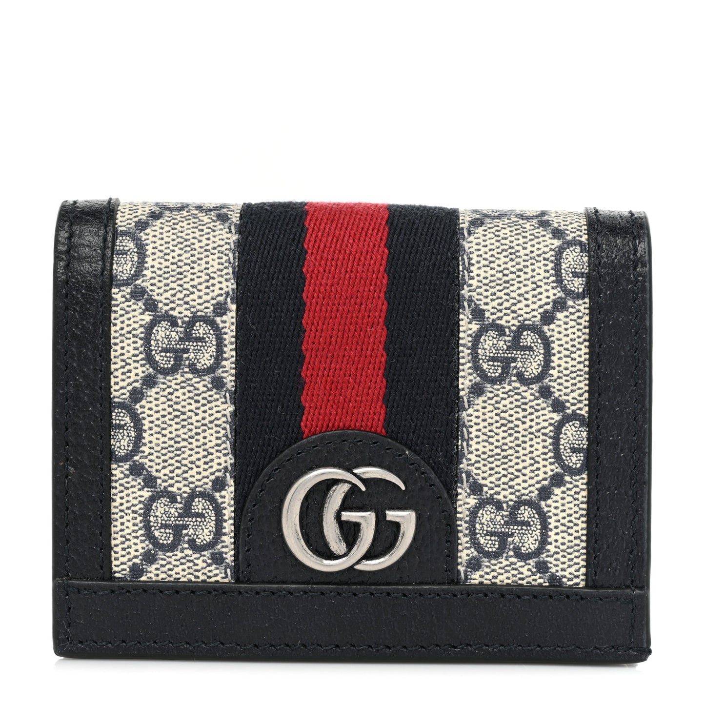 GG Supreme Monogram Textured Dollar Calfskin Web Ophidia Card Case Beige Blue