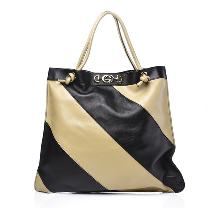 Gucci Smooth Calfskin Diagonal Striped Zumi Tote Black Beige 2 of 13