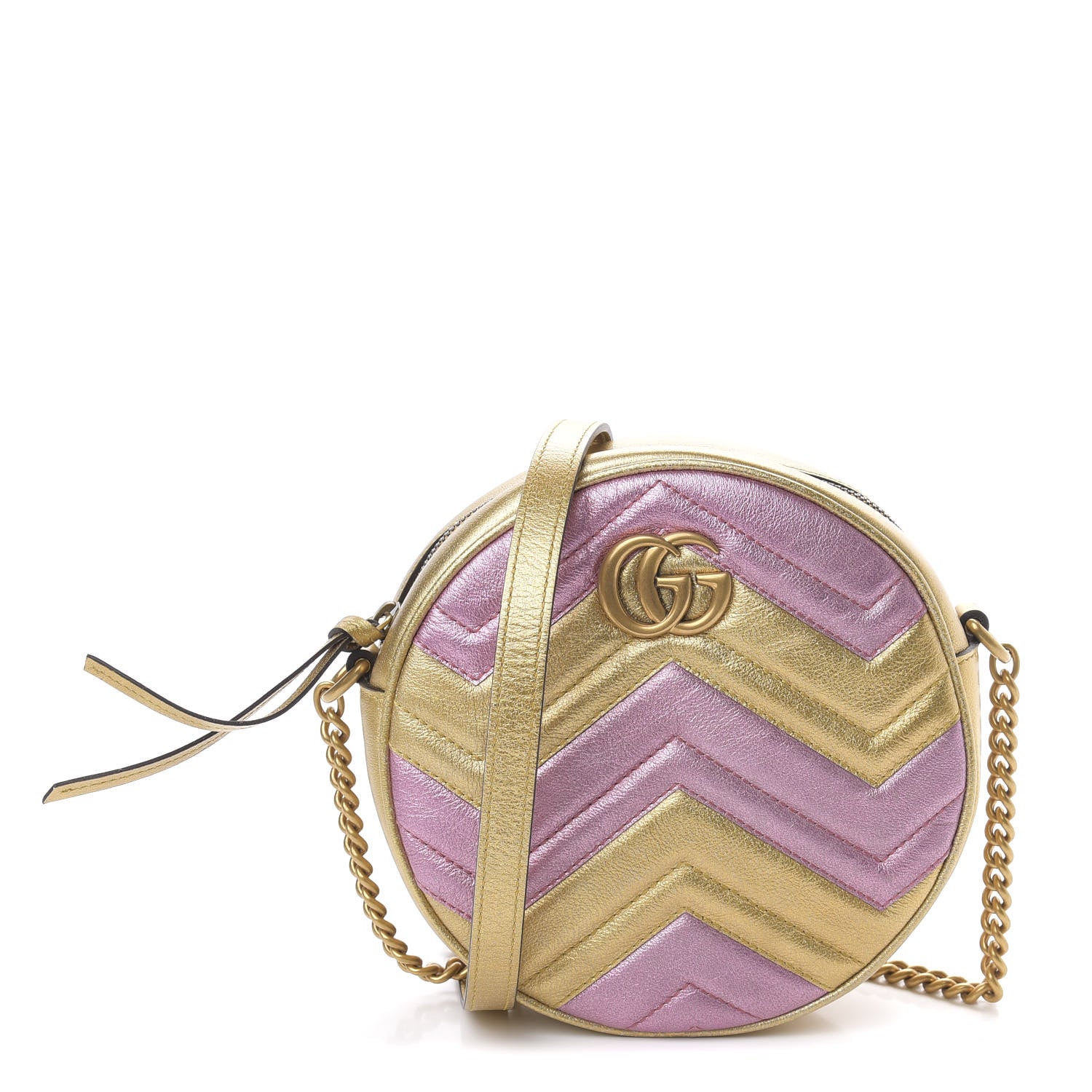 Gucci Metallic Calfskin Matelasse Mini GG Marmont Round Shoulder Bag Gold Pink 1 of 10