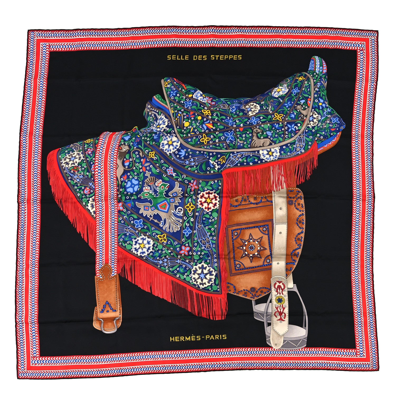 Hermes Silk Selle Des Steppes Scarf 90 Black Rouge Multicolor 1 of 3