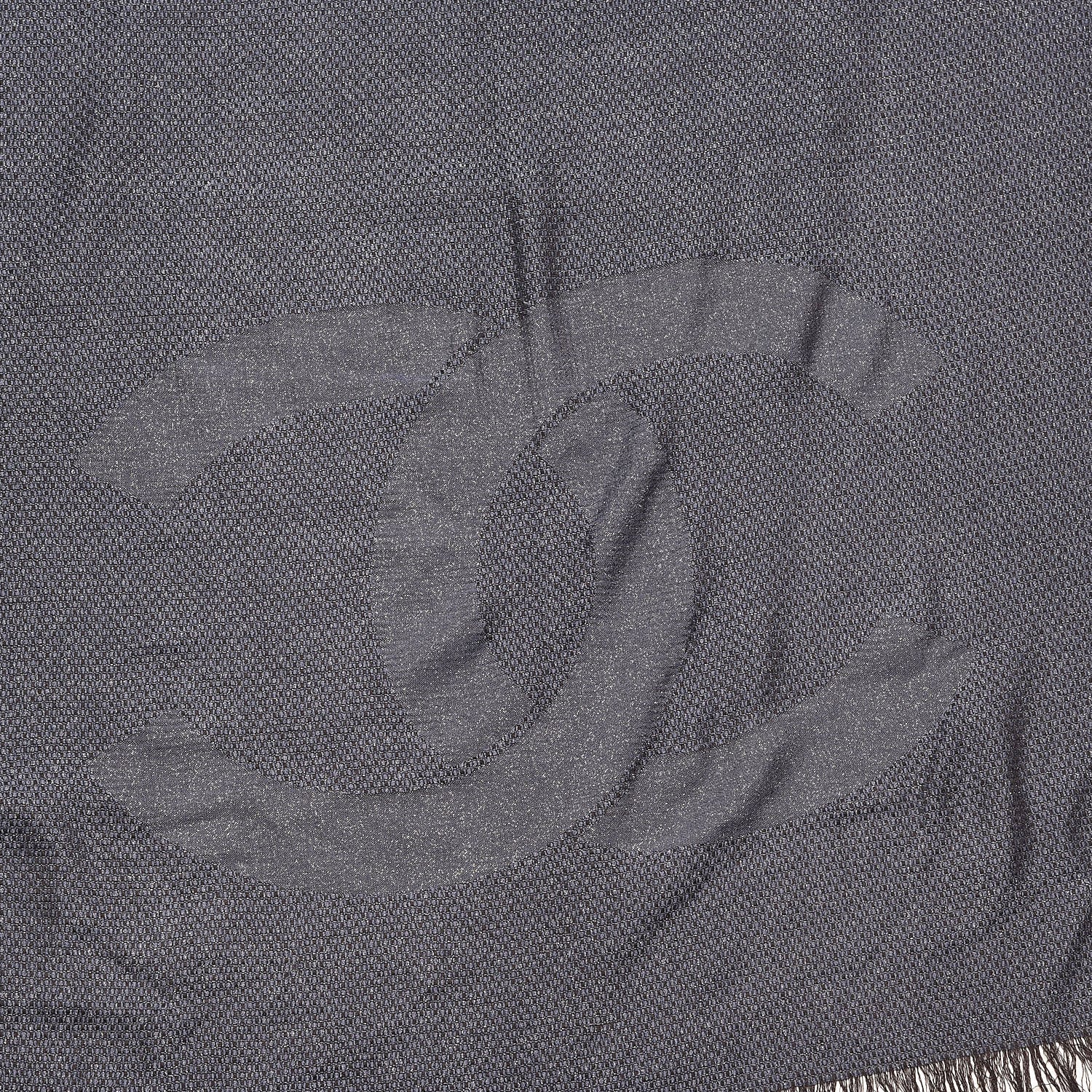 Chanel Cashmere Silk CC Fringe Scarf Blue Black 6 of 6
