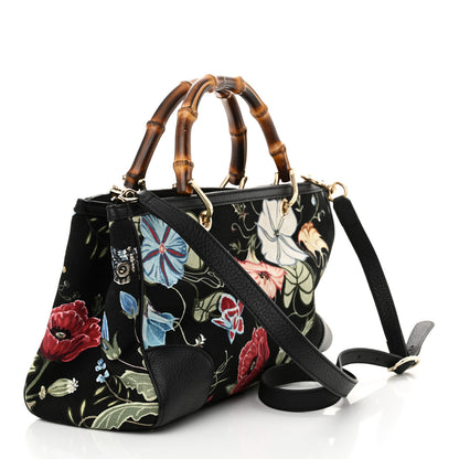 Gucci Canvas Cellarius Calfskin Flora Knight Medium Bamboo Shopper Tote Black 3 of 12