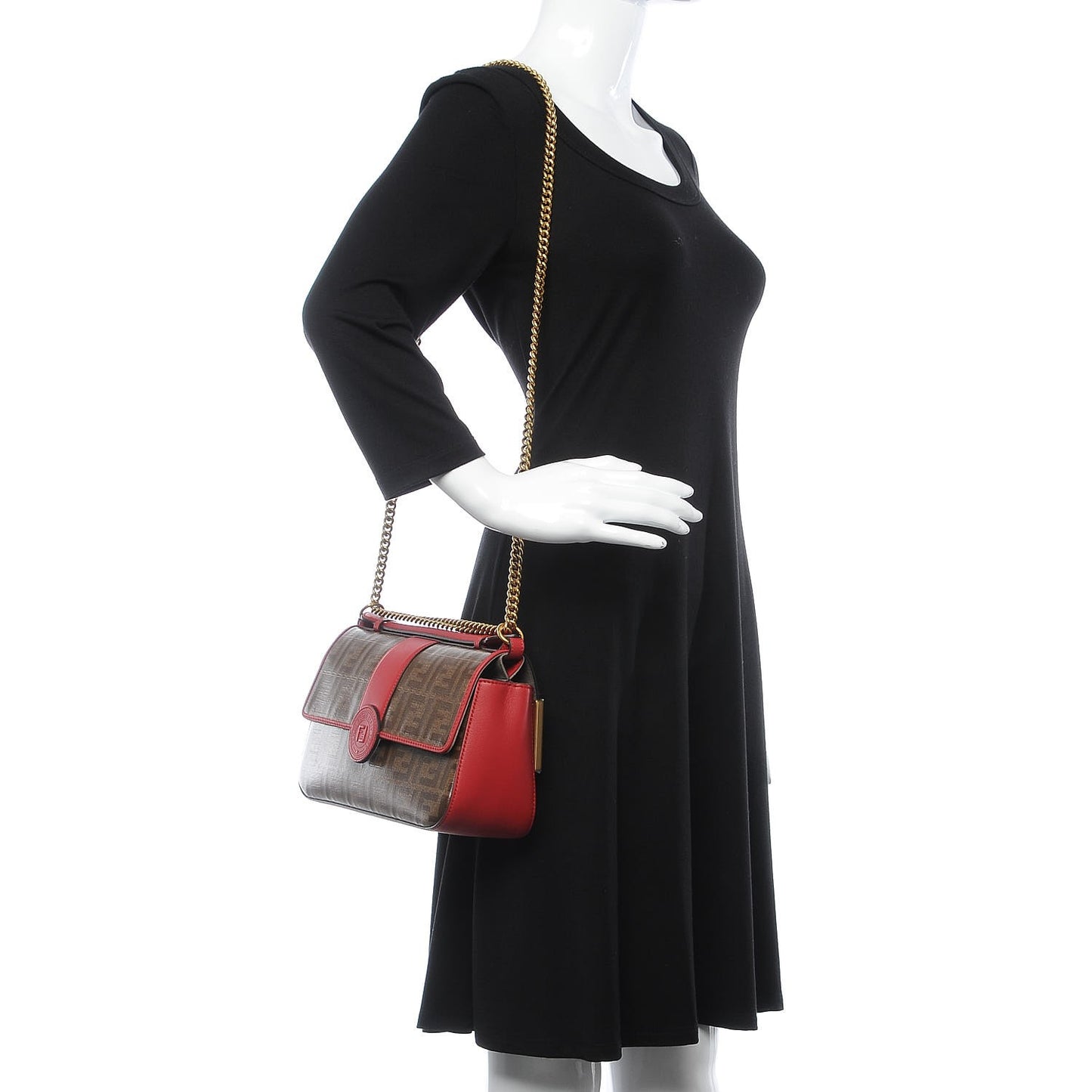 Vitello Grace Glazed Fabric FF 1974 Double F Shoulder Bag Fragola Mogano Panna
