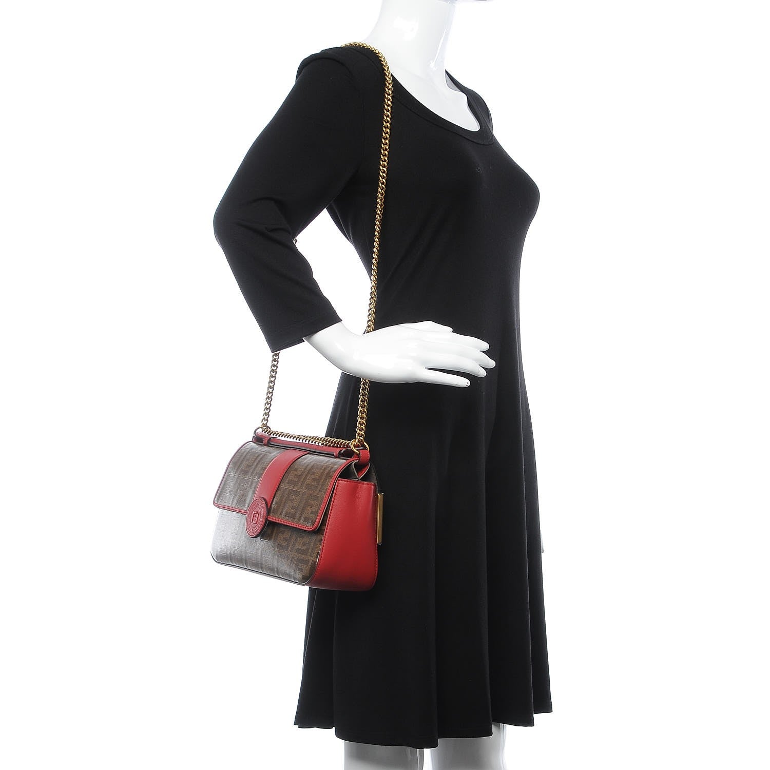 Fendi Vitello Grace Glazed Fabric FF 1974 Double F Shoulder Bag Fragola Mogano Panna 2 of 8