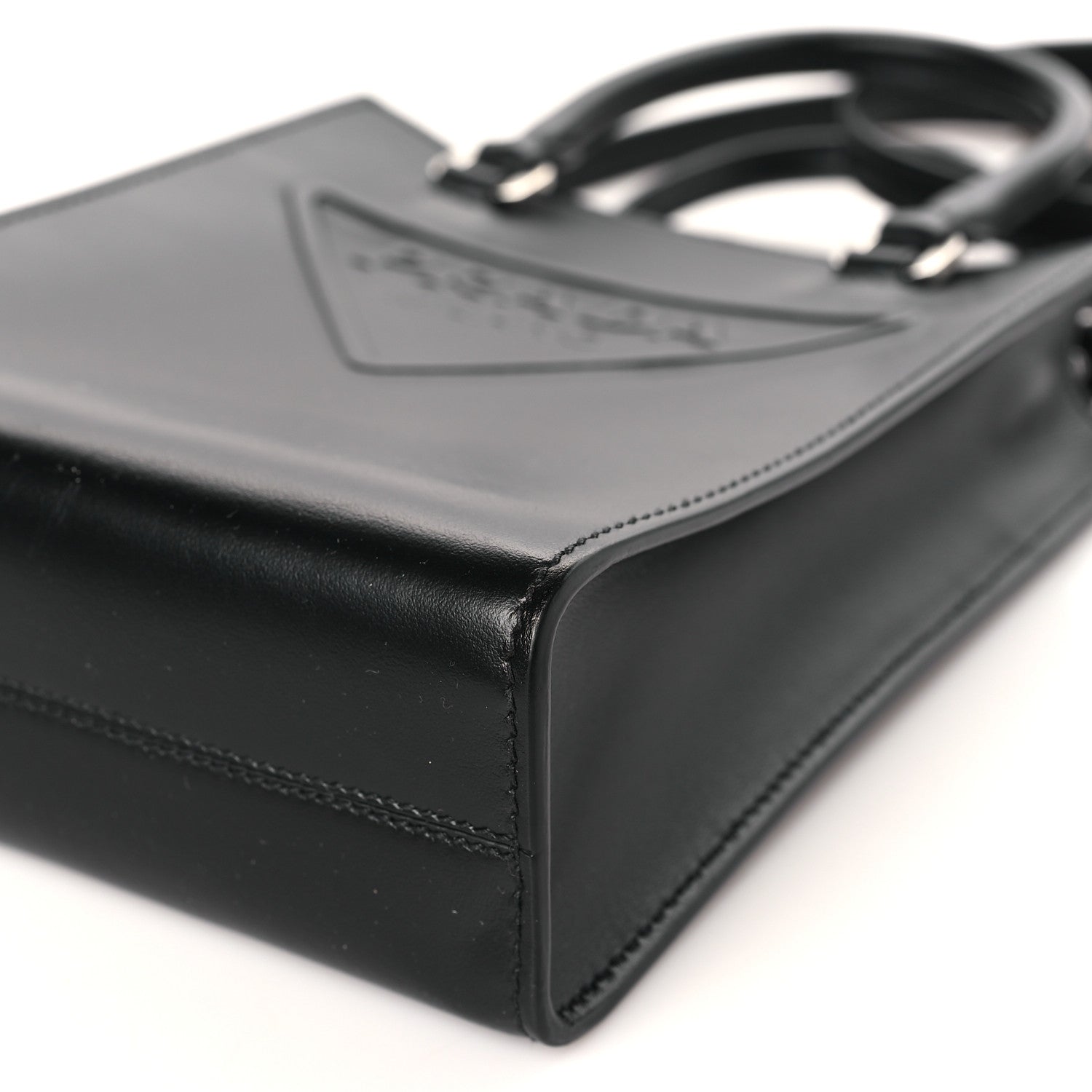 Prada Soft Calfskin Triangle Logo Embossed Small Double Handle Crossbody Tote Black 8 of 8