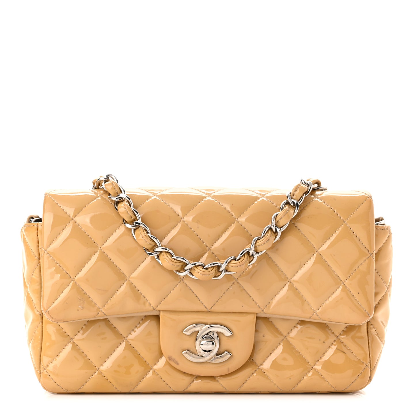 Patent Calfskin Quilted Mini Rectangular Flap Beige