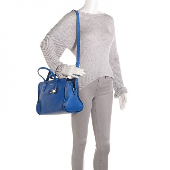 Pebbled Calfskin Small Skull Padlock Zip Around Tote Blue