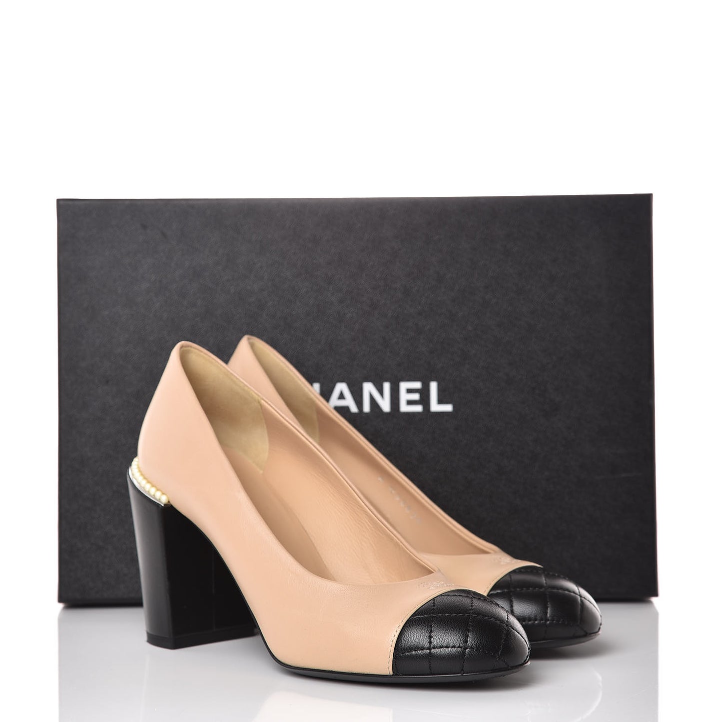 Lambskin Pearls Cap Toe Pumps 36.5 Beige Black