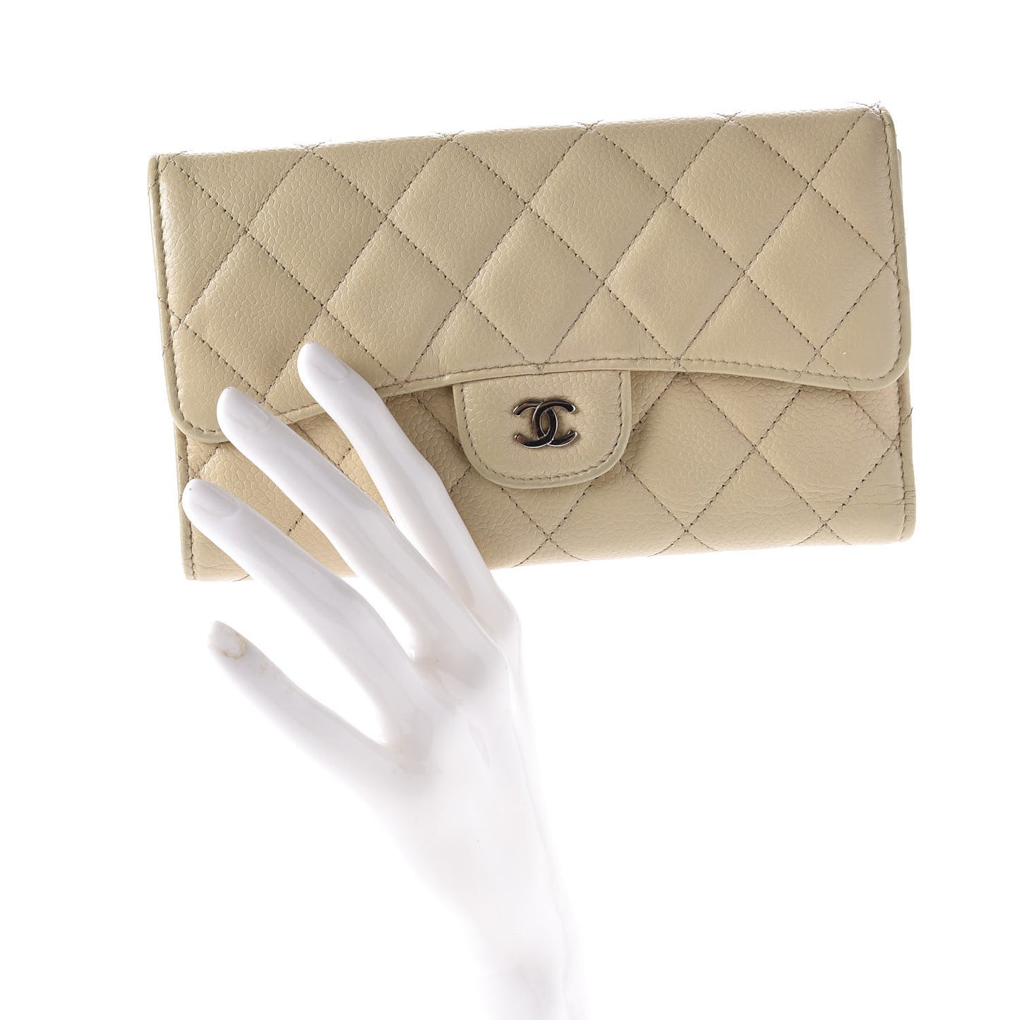 Caviar Quilted Large Flap Wallet Beige