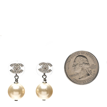 Chanel Crystal Pearl CC Drop Earrings Silver Pearly White 2 of 3