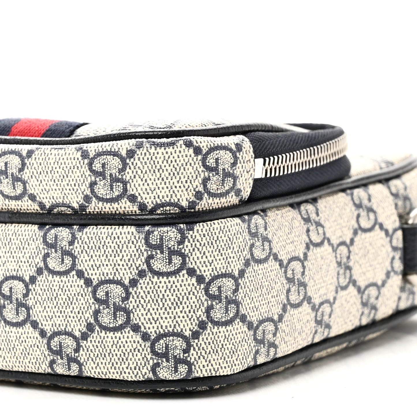 GG Supreme Monogram Textured Dollar Calfskin Web Mini Ophidia Double Zip Messenger Bag Beige Blue