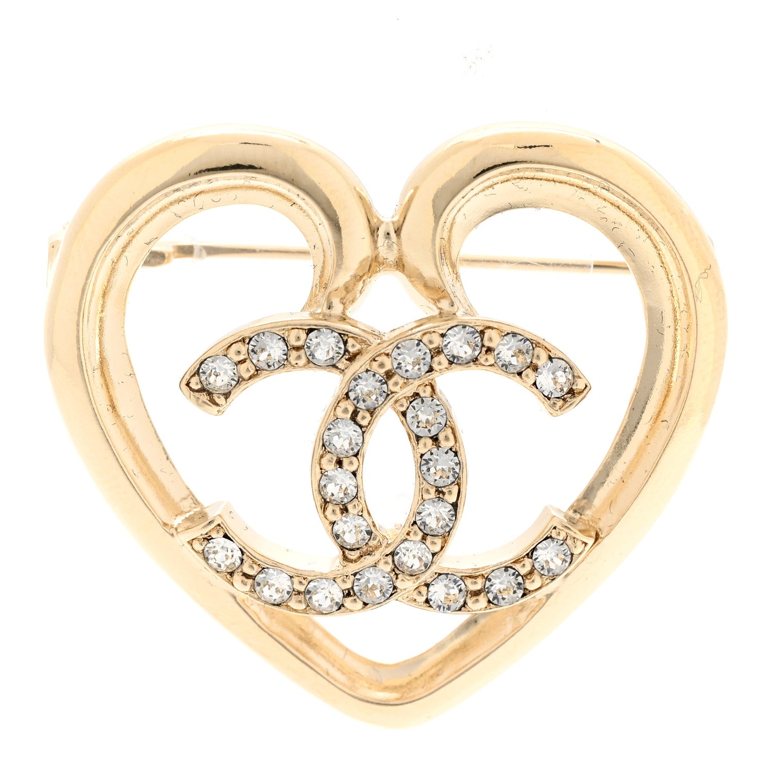 Chanel Metal Crystal CC Logo Heart Brooch Gold 1 of 5