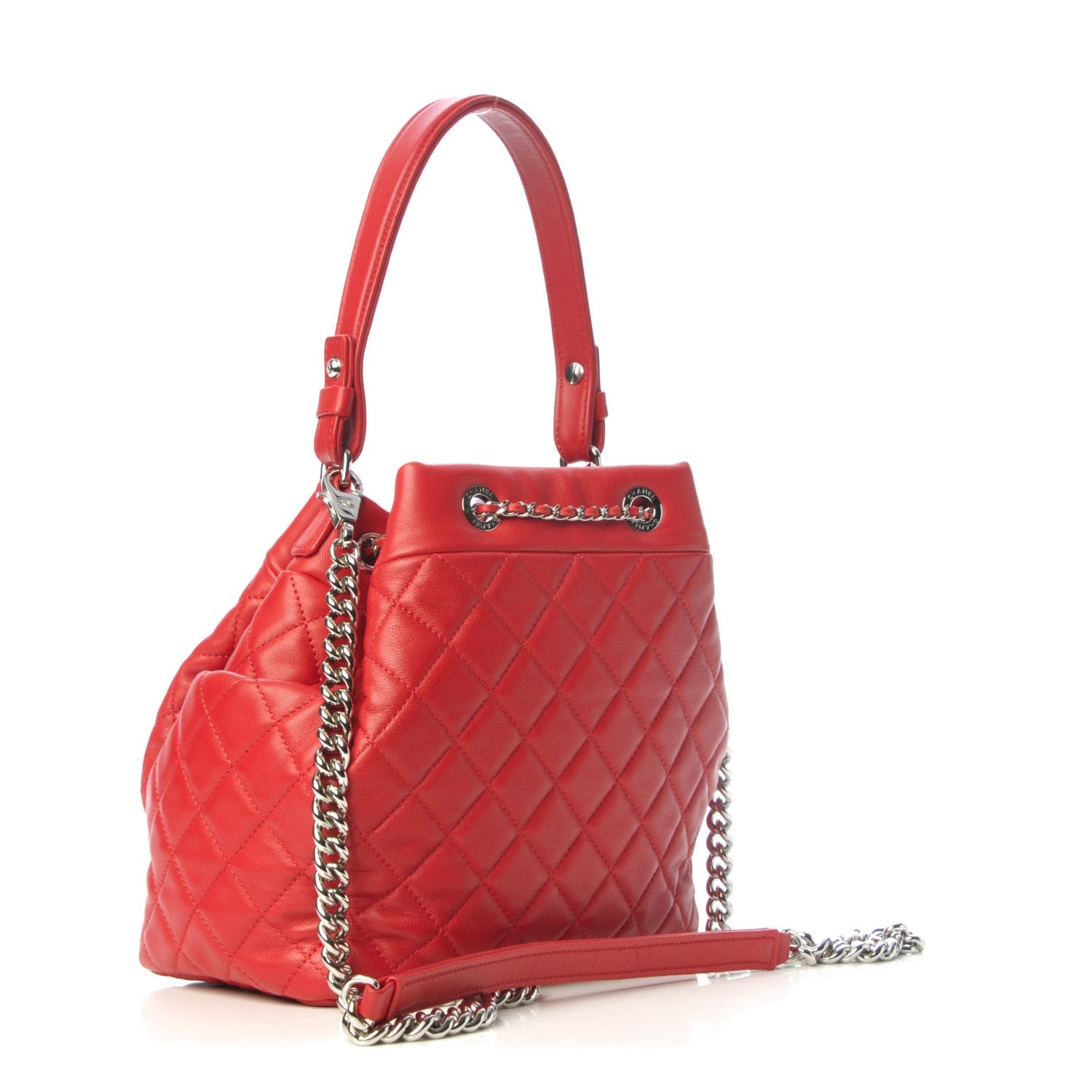 Chanel Lambskin Quilted Small CC Chain Drawstring Bucket Bag Red 4 of 10