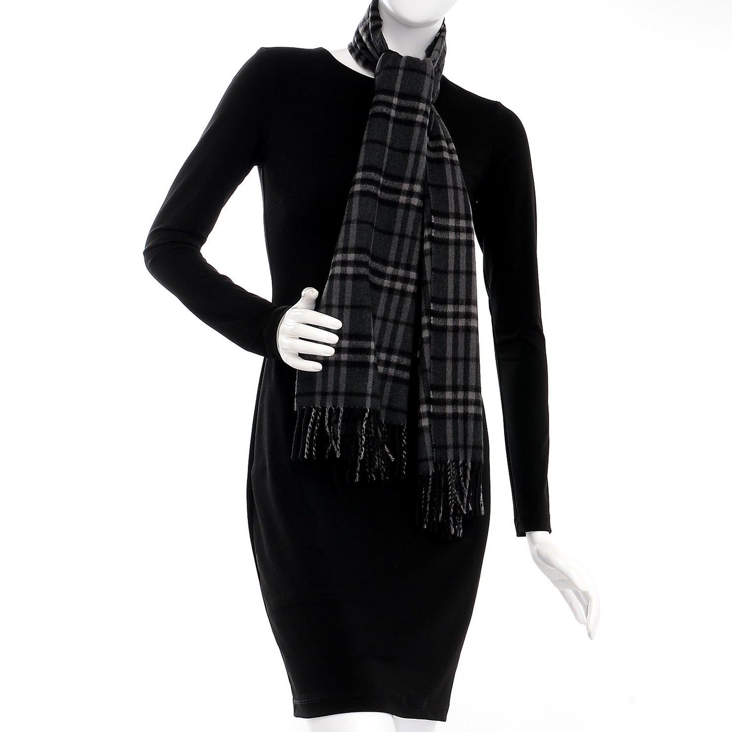 Cashmere Icon Check Fringe Scarf Dark Charcoal