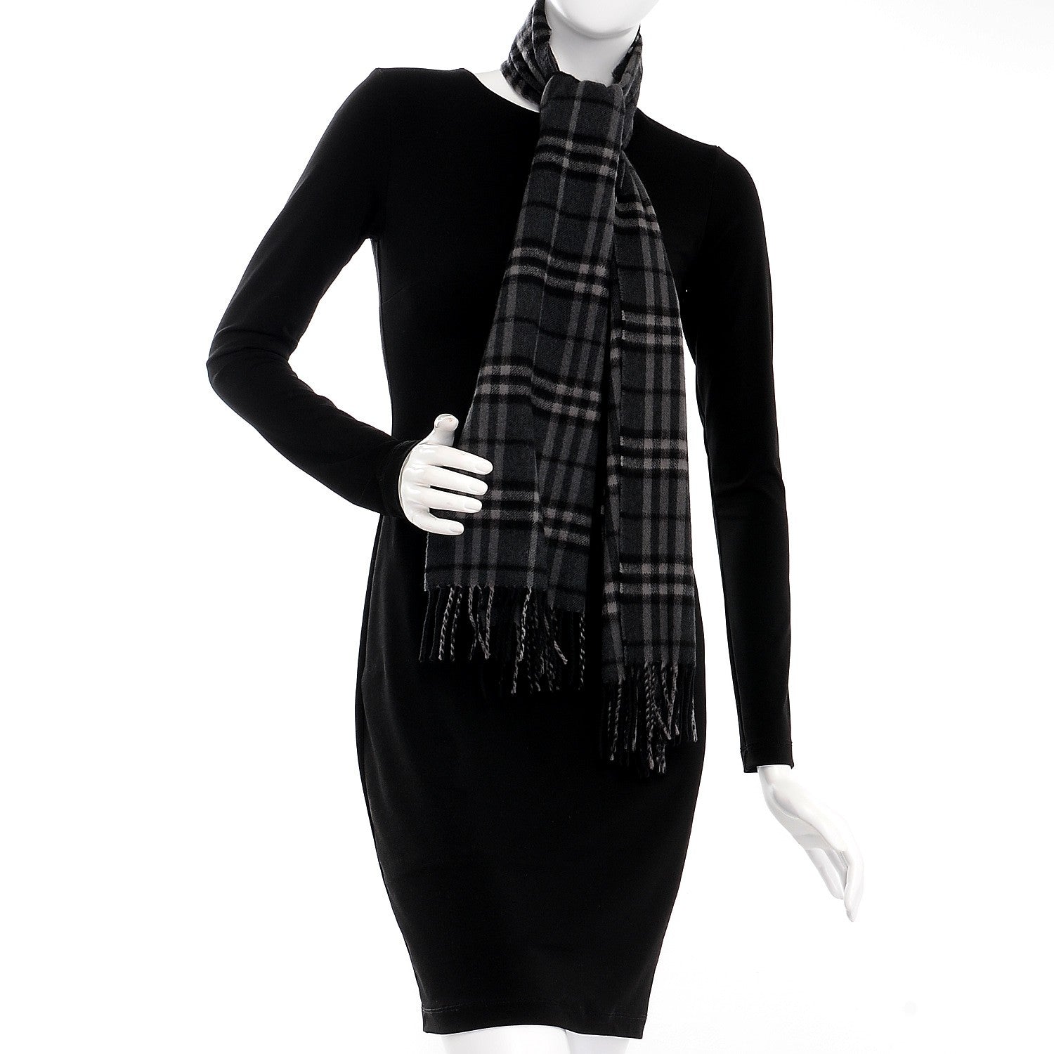 Burberry Cashmere Icon Check Fringe Scarf Dark Charcoal 2 of 4
