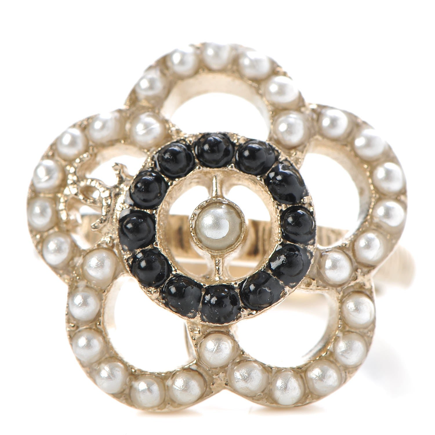 Chanel Pearl CC Camellia Ring 6 Gold Black 1 of 6