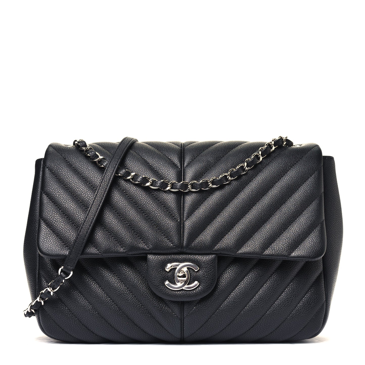 Caviar Chevron Quilted Large Puffy CC Flap Black