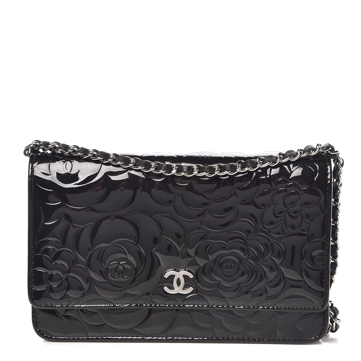 Patent Camellia Embossed Wallet On Chain WOC Black